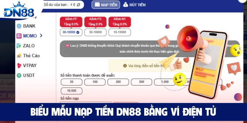 Biểu mẫu nạp tiền DN88 bằng ví điện tử